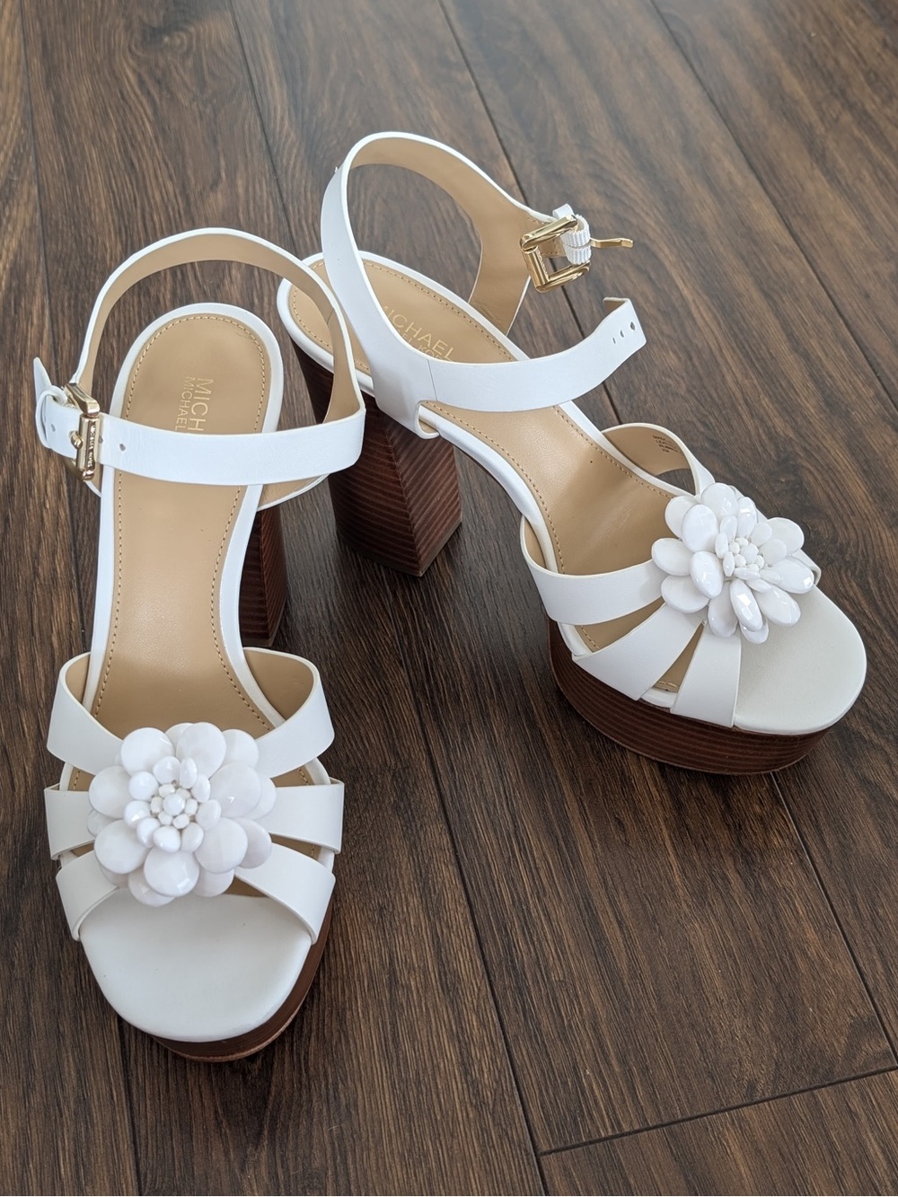 MICHAEL Michael Kors White Floral Platform Sandals with Brown Stacked Heel New
